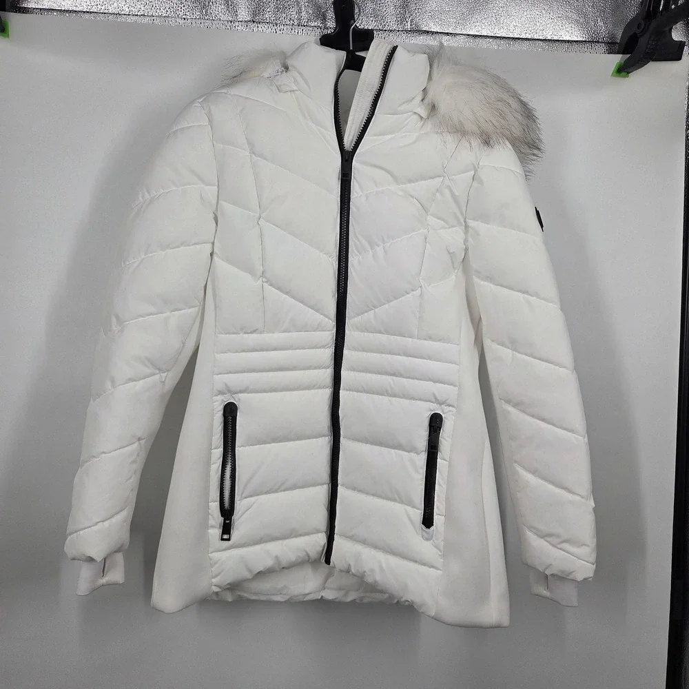 Michael Kors Puffer Jacket Detachable Hood MK White Faux Fur Trim M Quilted